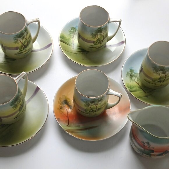 Antique Nippon Cups and Saucers Set: Hand-Painted Japanese Porcelain Landscape - Picture 2 of 9